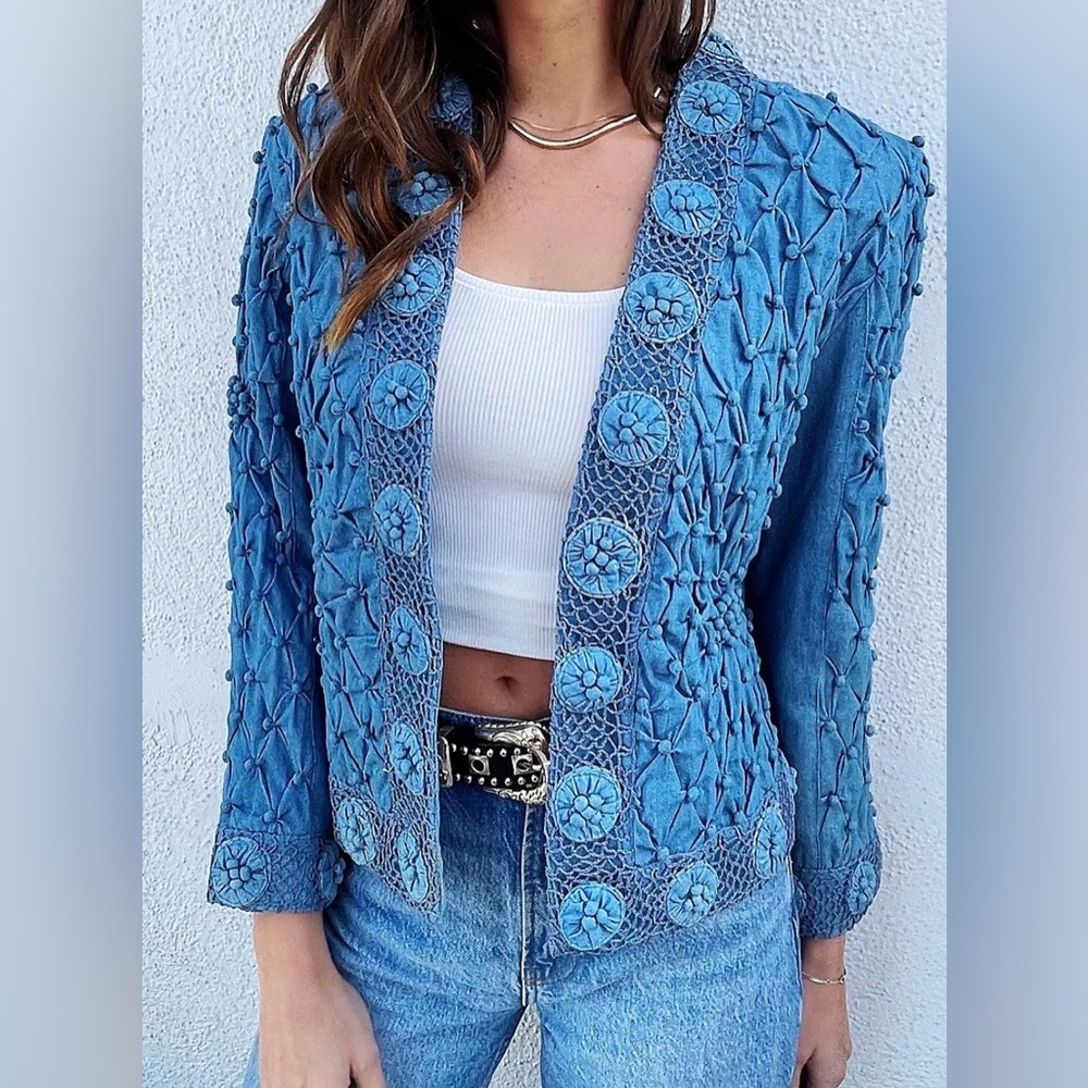 LIM’S Vintage 90s Textured Cotton Denim Jacket & Top Set, Size M